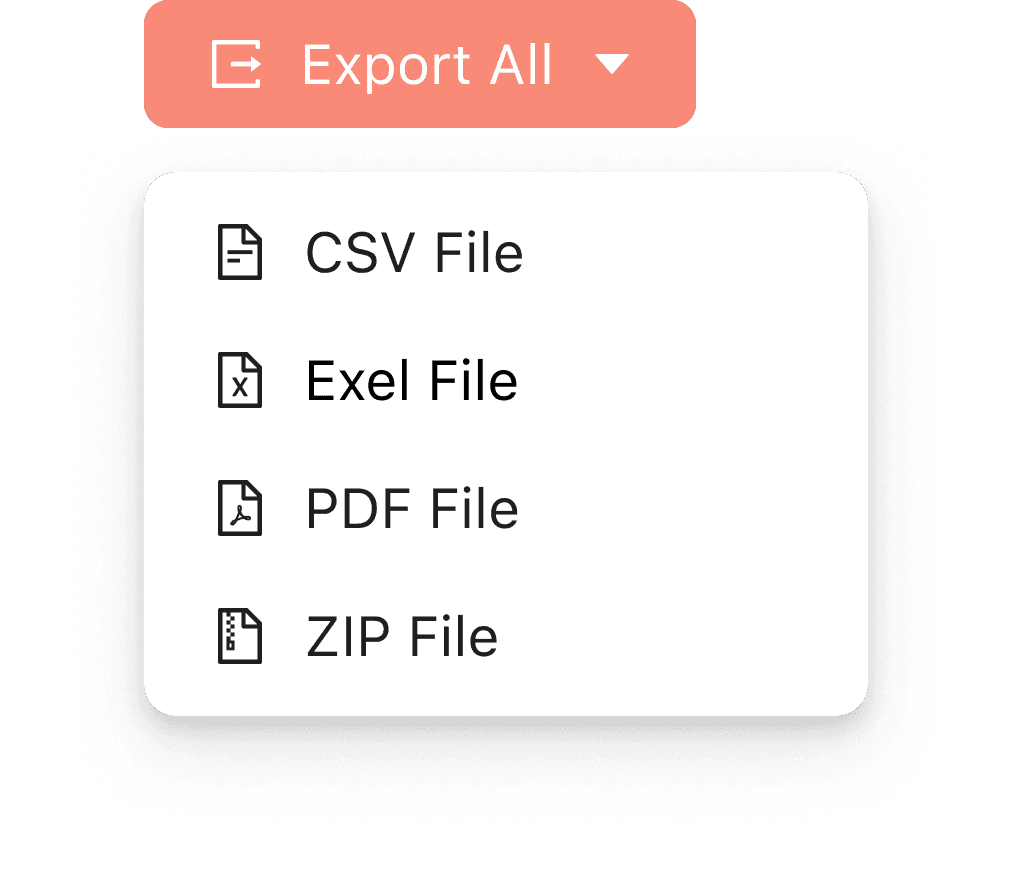 תפריט ייצוא לקבצי CSV, Excel, PDF ו-ZIP