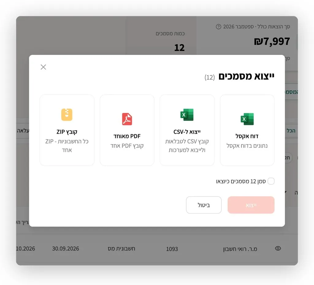 חלון הייצוא ב-DoxBox לרואה החשבון: Excel, CSV, PDF או ZIP
